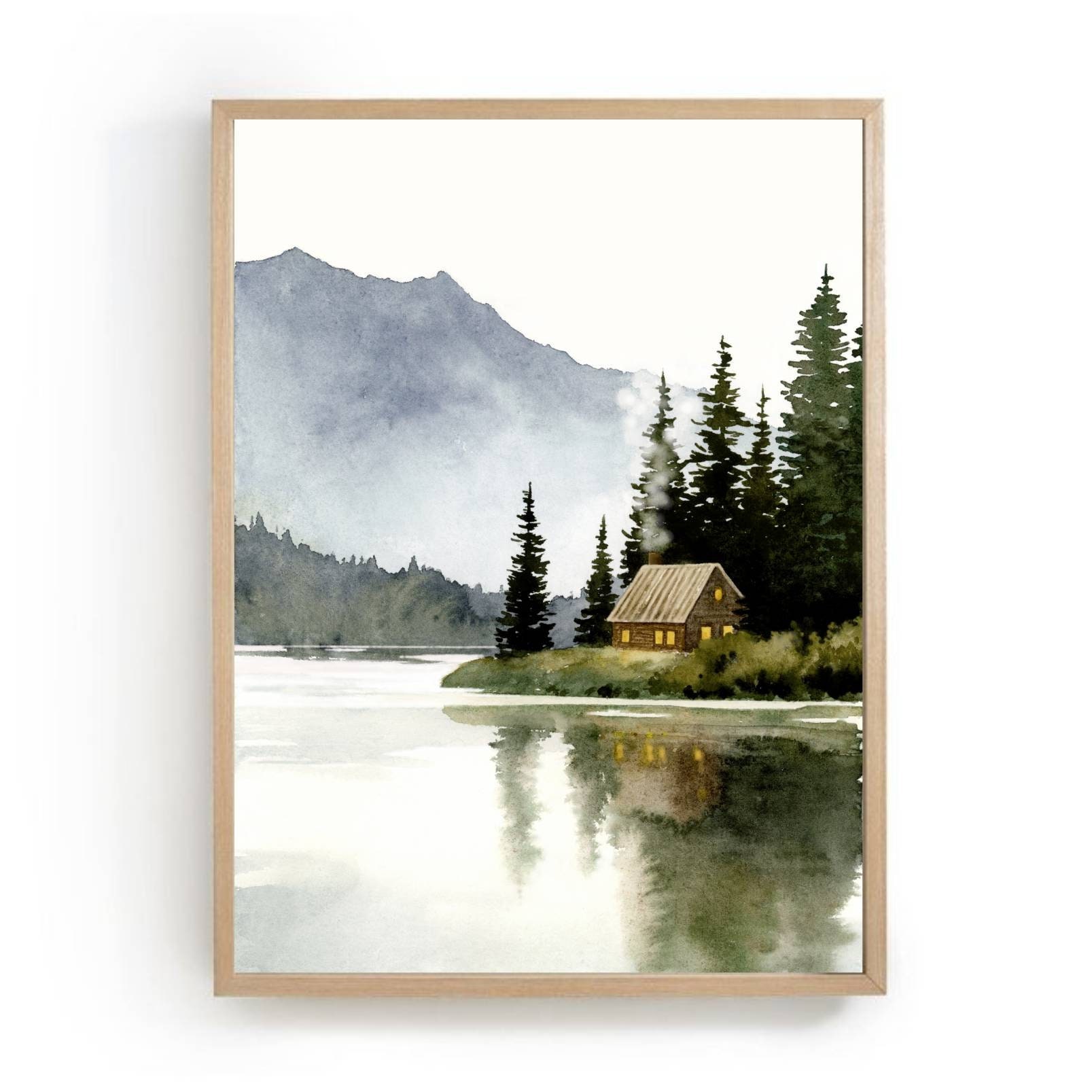 山小屋の絵、森の湖の水彩画、抽象的な風景画、アートプリントの写真