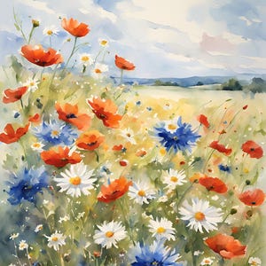 野の花、ケシ、ヒナギク、ヤグルマギク、草原の写真、水彩画、アートプリント、ポスター、夏の花、フィールド、カントリーハウスの装飾