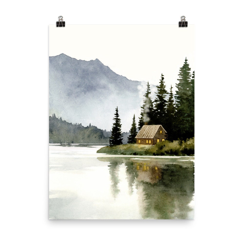 真作】絵画 油彩 湖畔の山岳風景 水辺の小屋を描いた風景画