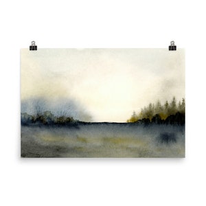 Misty forest print watercolor pine tree wall art watercolor landscape painting large neutral wall decor dark forest painting blue beige image 10
