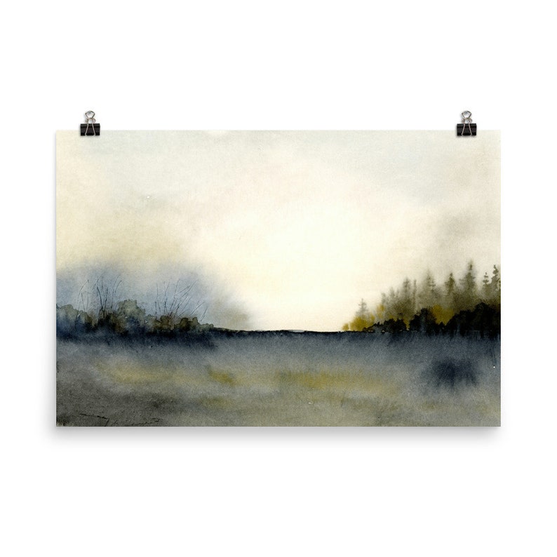 Misty forest print watercolor pine tree wall art watercolor landscape painting large neutral wall decor dark forest painting blue beige image 10