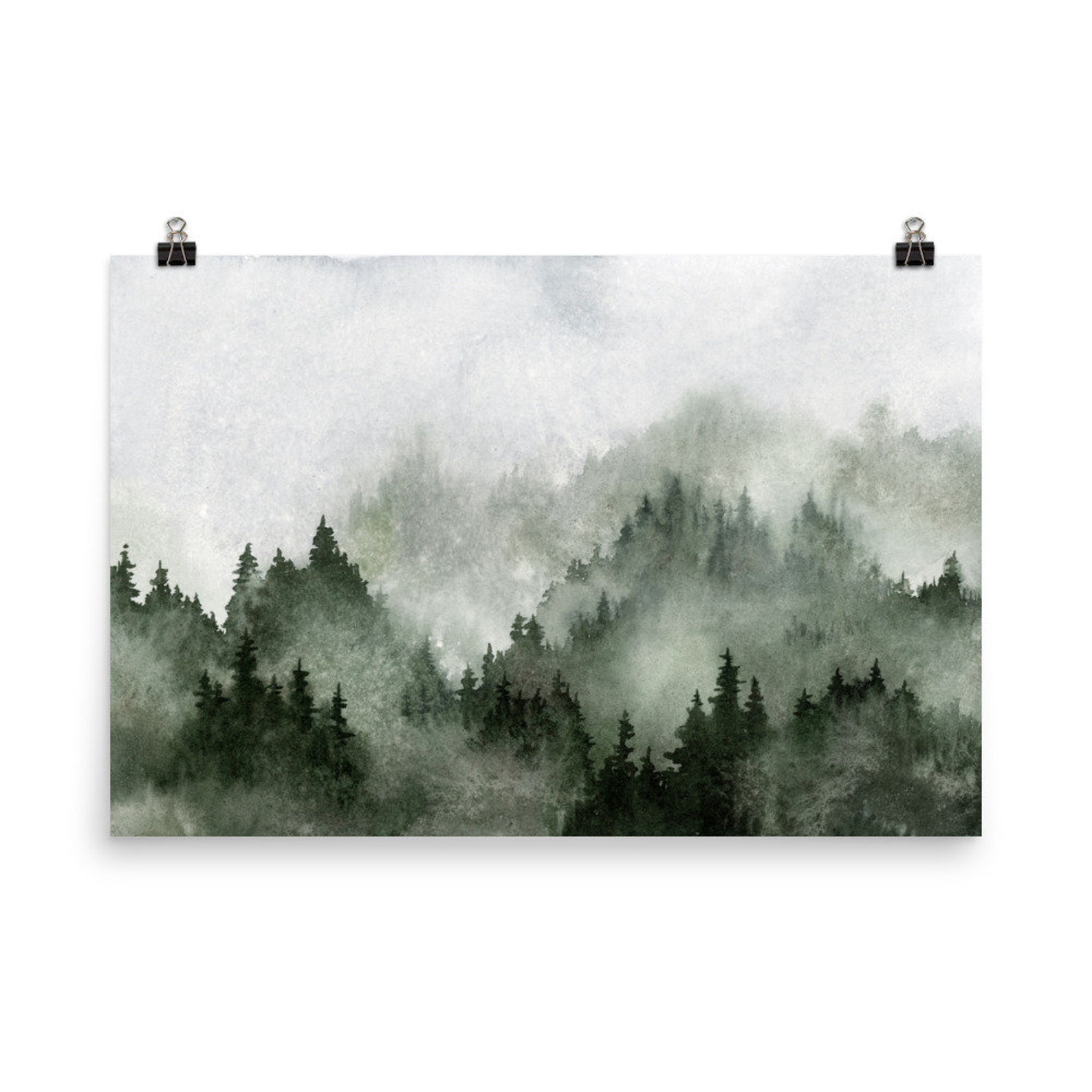 Large Pine Tree Wall Art Misty Forest Print Panoramic Landscape Teal ...
