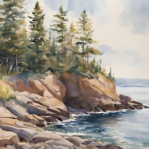 Lake Superior Painting Pine Forest prints Rock Shoreline Wall Art Pine Trees Watercolor Art Print Great Lakes Landscape Michigan Art Print