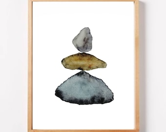 Balancing stones art print large minimal wall art rocks watercolor stone painting  neutral wall art stacked stones print aesthetic poster