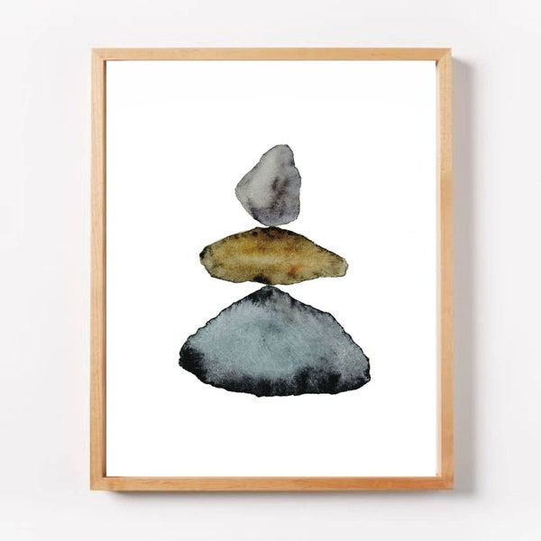 Balancing stones art print large minimal wall art rocks watercolor stone painting  neutral wall art stacked stones print aesthetic poster