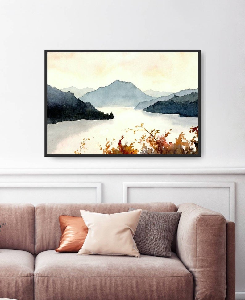 Mountain Lake Wall Art Sunset Lake Watercolor Painting Large Etsy