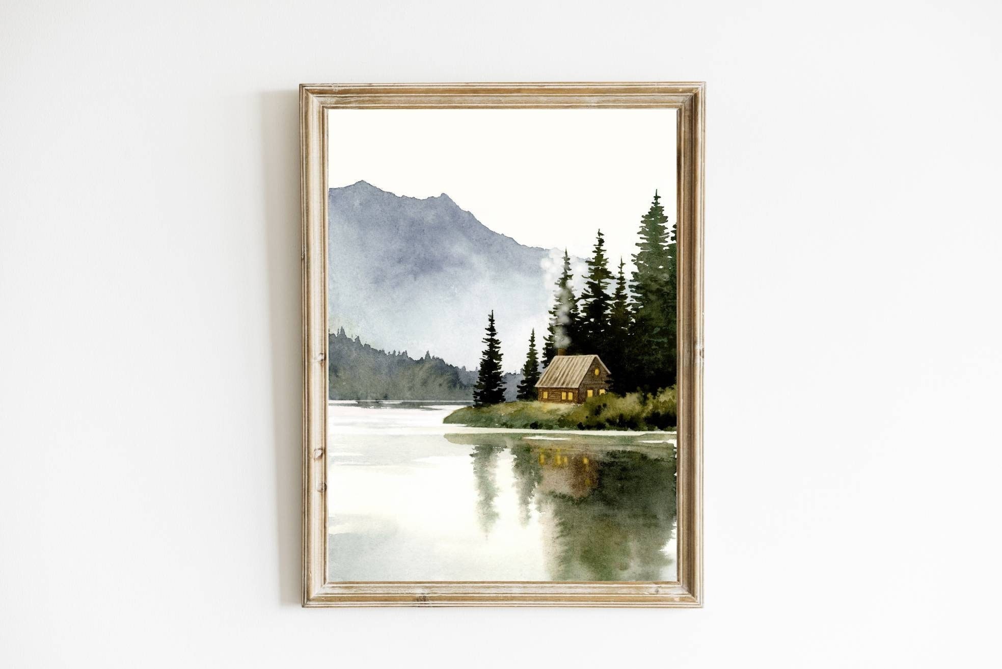 Forest cabin painting mountain lake print Canada landscape watercolor painting large minimalist wall art winter wall decor