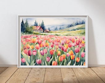 チューリップ畑の風景画アートプリント写真春の水彩画森の小屋カラフル