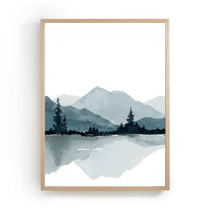 Mountain and lake print pine tree wall art watercolor painting large minimalist wall art neutral landscape mountains painting wall decor