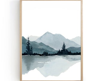 Mountain and lake print pine tree wall art watercolor painting large minimalist wall art neutral landscape mountains painting wall decor