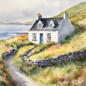 Connemara Coastal Cottage Painting Ireald Wall Art Irish Landscape Watercolor Art Print Ireland Gift National Park Poster