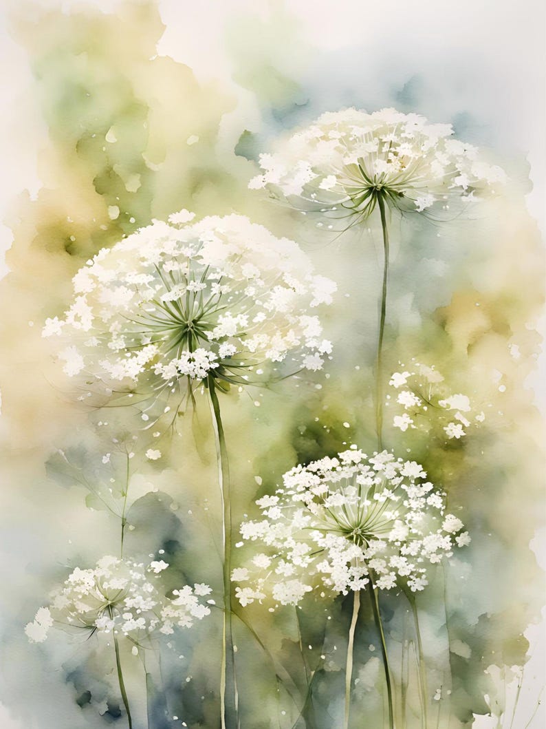 May include: Watercolour painting of white Queen Anne's Lace flowers with green stems against a soft green and yellow background.
