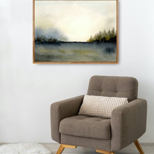 Misty forest print watercolor pine tree wall art watercolor landscape painting large neutral wall decor dark forest painting blue beige image 4
