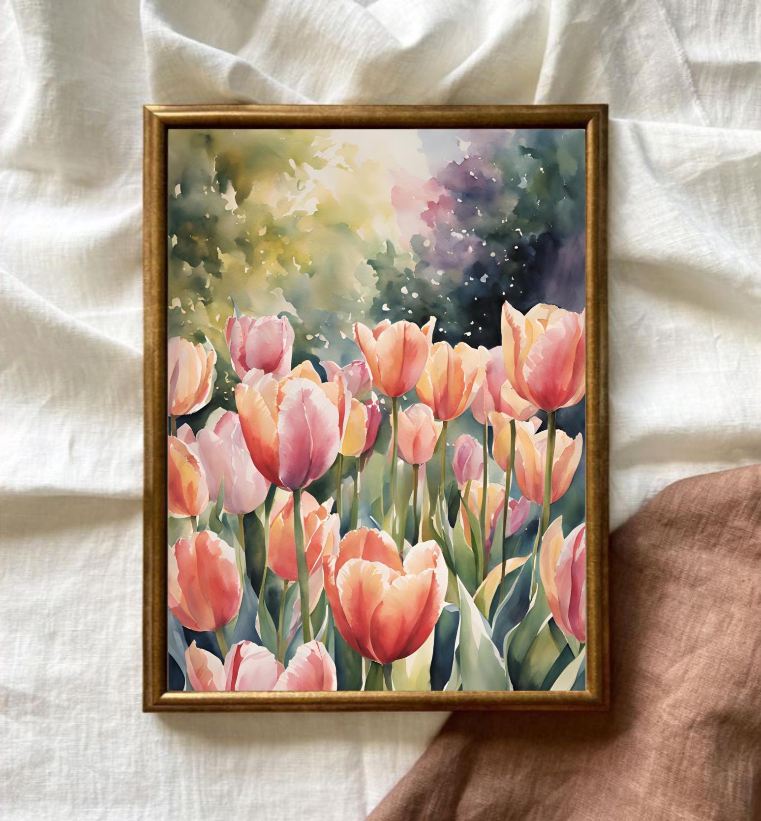 チューリップの草原の絵画、花の風景写真、春の装飾、イースターの