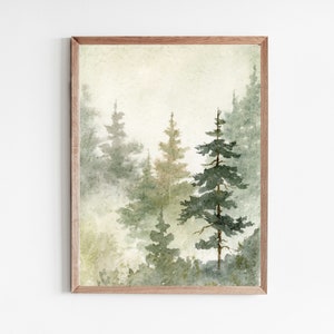 Puede incluir: Una pintura de acuarela de una escena de bosque con altos &aacute;rboles verdes en un ambiente brumoso y brumoso. Los &aacute;rboles est&aacute;n pintados en tonos de verde y marr&oacute;n, con una sensaci&oacute;n suave y et&eacute;rea.
