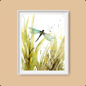 Meadow painting abstract, dragon fly art print, botanical poster, wildflowers wall art, spring green wall art, moody print dragonfly image 6