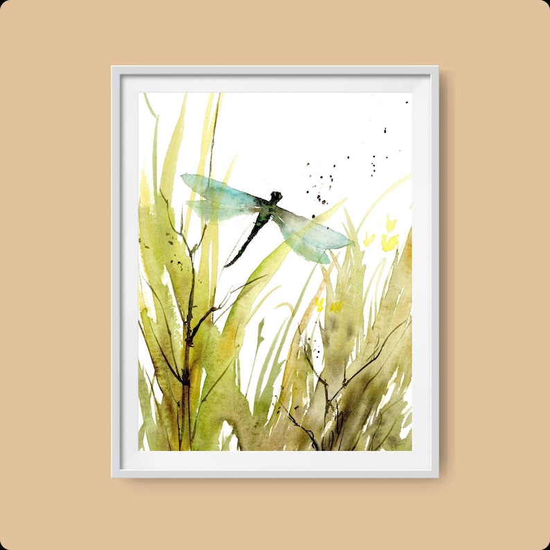 Meadow painting abstract, dragon fly art print, botanical poster, wildflowers wall art, spring green wall art, moody print dragonfly image 6