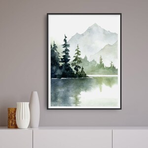 Forest Lake Art Print Mountain Painting Large Minimalist Wall Art Pine ...