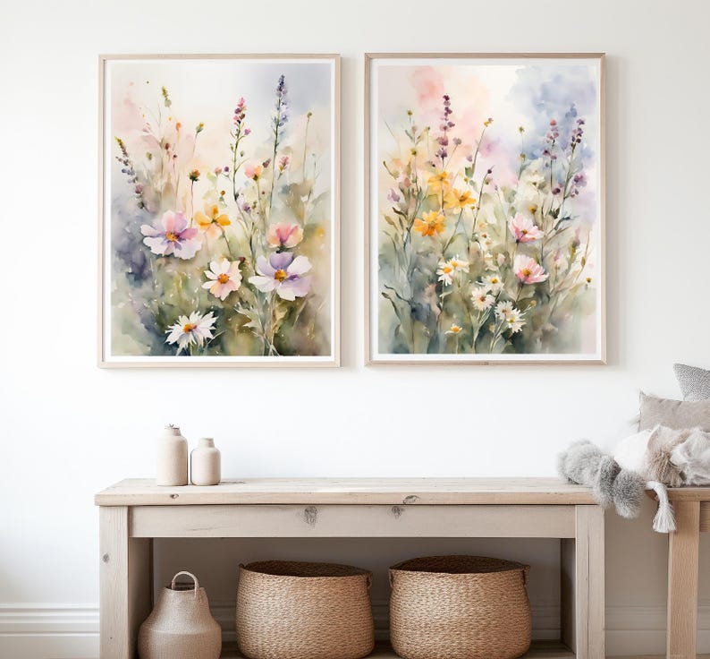 Wildflowers Painting Set Spring Flower Watercolor Art Prints Set of 2 ...