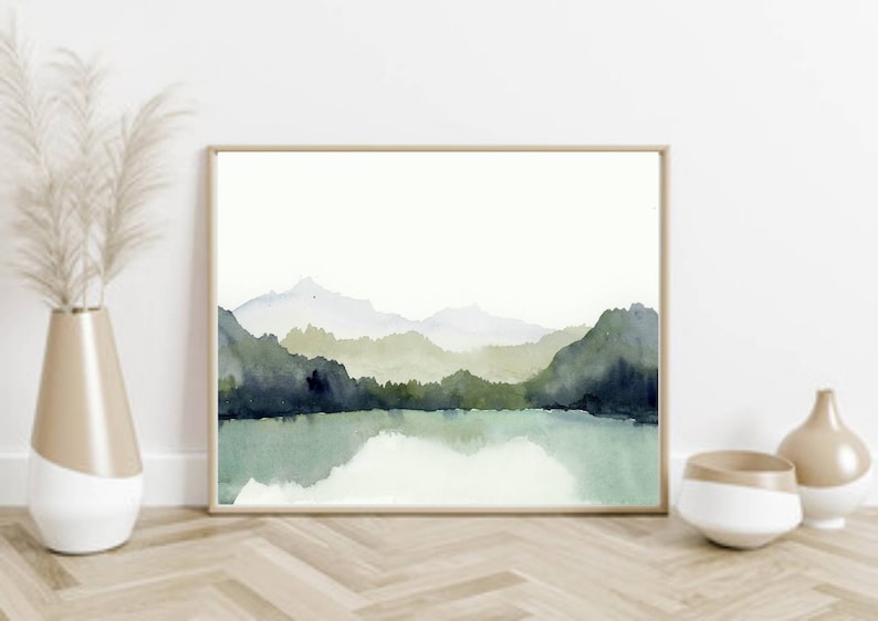 Mountain Lake Painting Large Minimalist Art Print Norway Watercolor ...