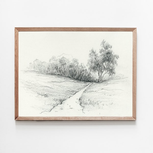 Fieldroad drawing art print Countryside landscape sketch French country art Vintage Kitchen wall art Farmhouse decor
