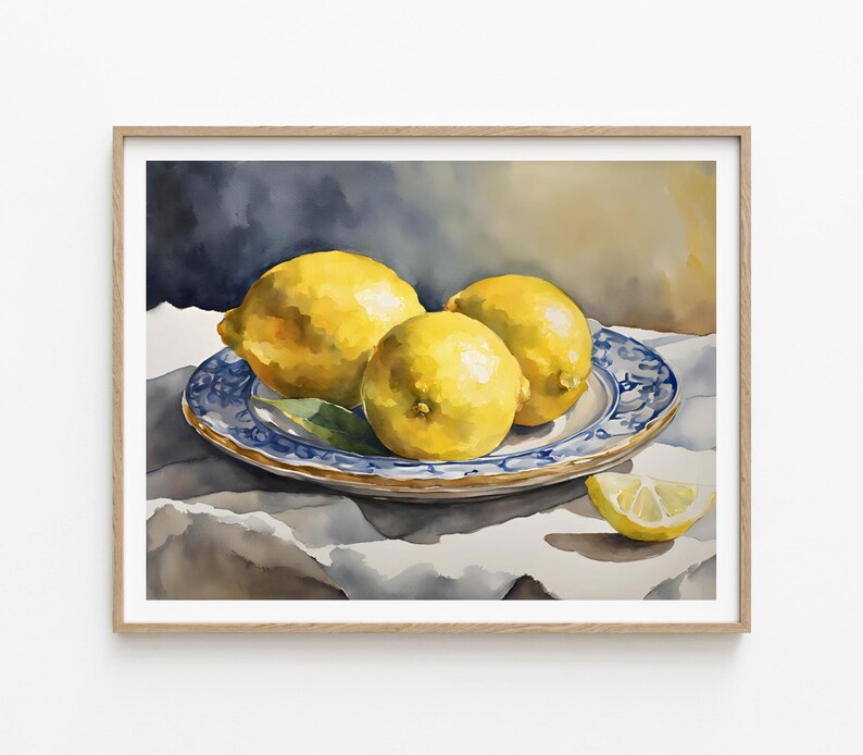 May include: Watercolor painting of three yellow lemons on a blue and white patterned plate. The lemons are arranged in a cluster, with one lemon partially overlapping another. The plate is on a white tablecloth.