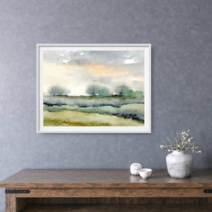 Watercolor landscape art print abstract painting blue green heels wall art panoramic landscape trees painting fine art print evening sky e image 6