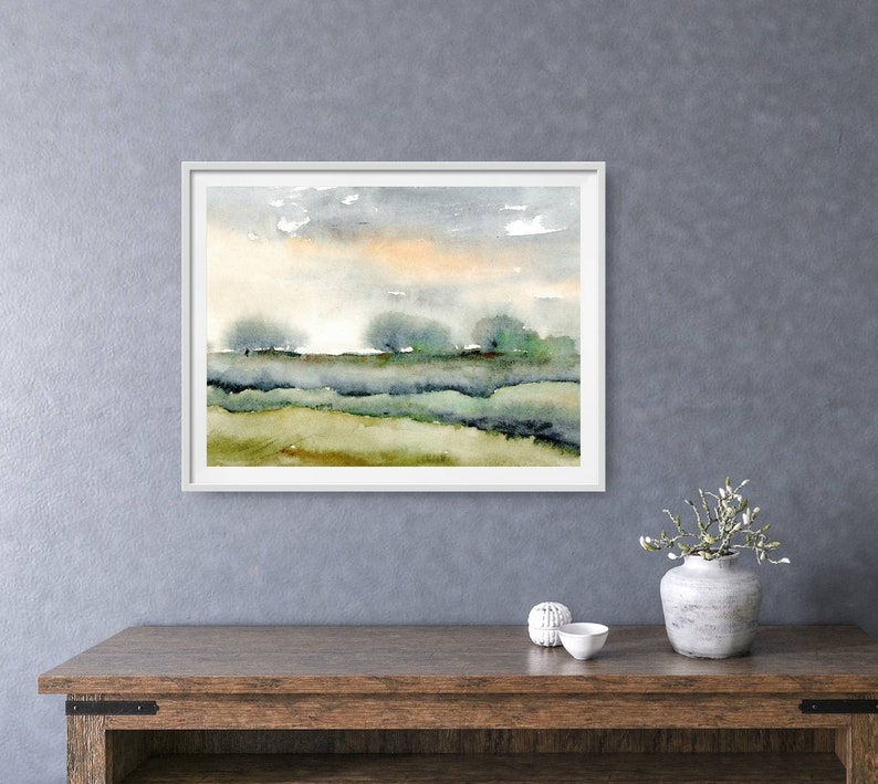 Watercolor landscape art print abstract painting blue green heels wall art panoramic landscape trees painting fine art print evening sky e image 6