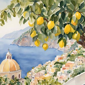 Positano Watercolor Painting Lemon Tree Art Print Italian Cityscape Wall Art Amalfi Coast Artwork Italy Poster