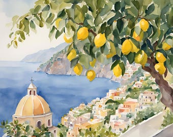 Positano Watercolor Painting Lemon Tree Art Print Italian Cityscape Wall Art Amalfi Coast Artwork Italy Poster
