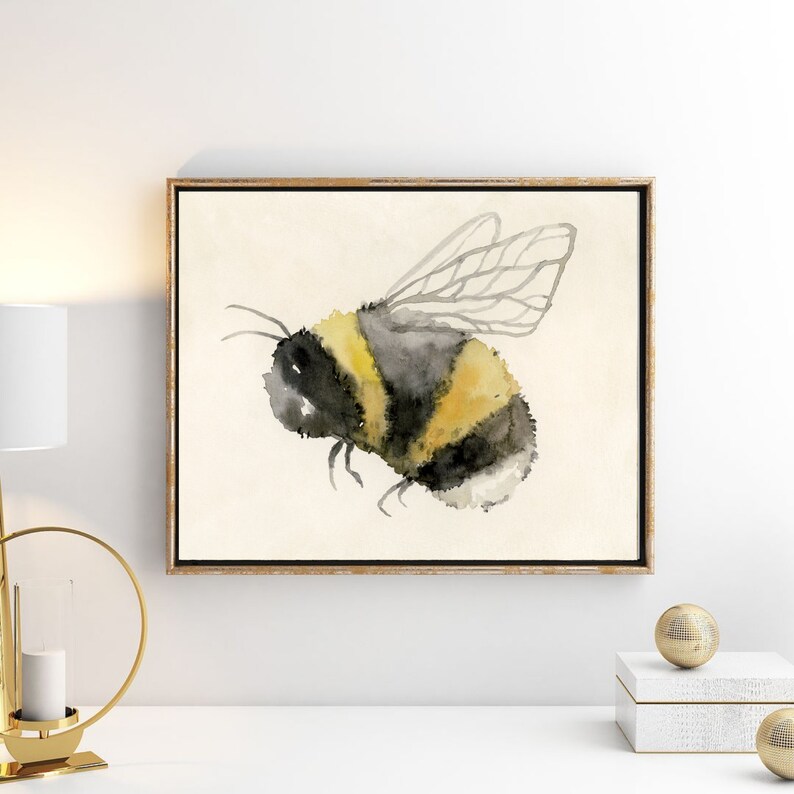 May include: A watercolor painting of a bumblebee with black and yellow stripes and translucent wings. The bee is painted in a realistic style with delicate details.