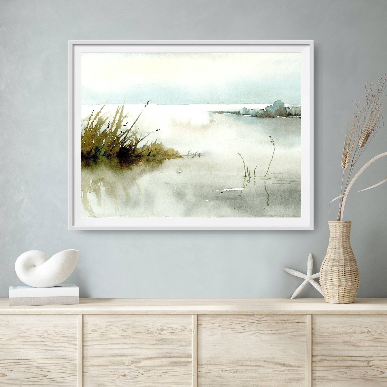 Watercolor Painting Light Blue Landscape Wall Art Sunrise Lake Etsy