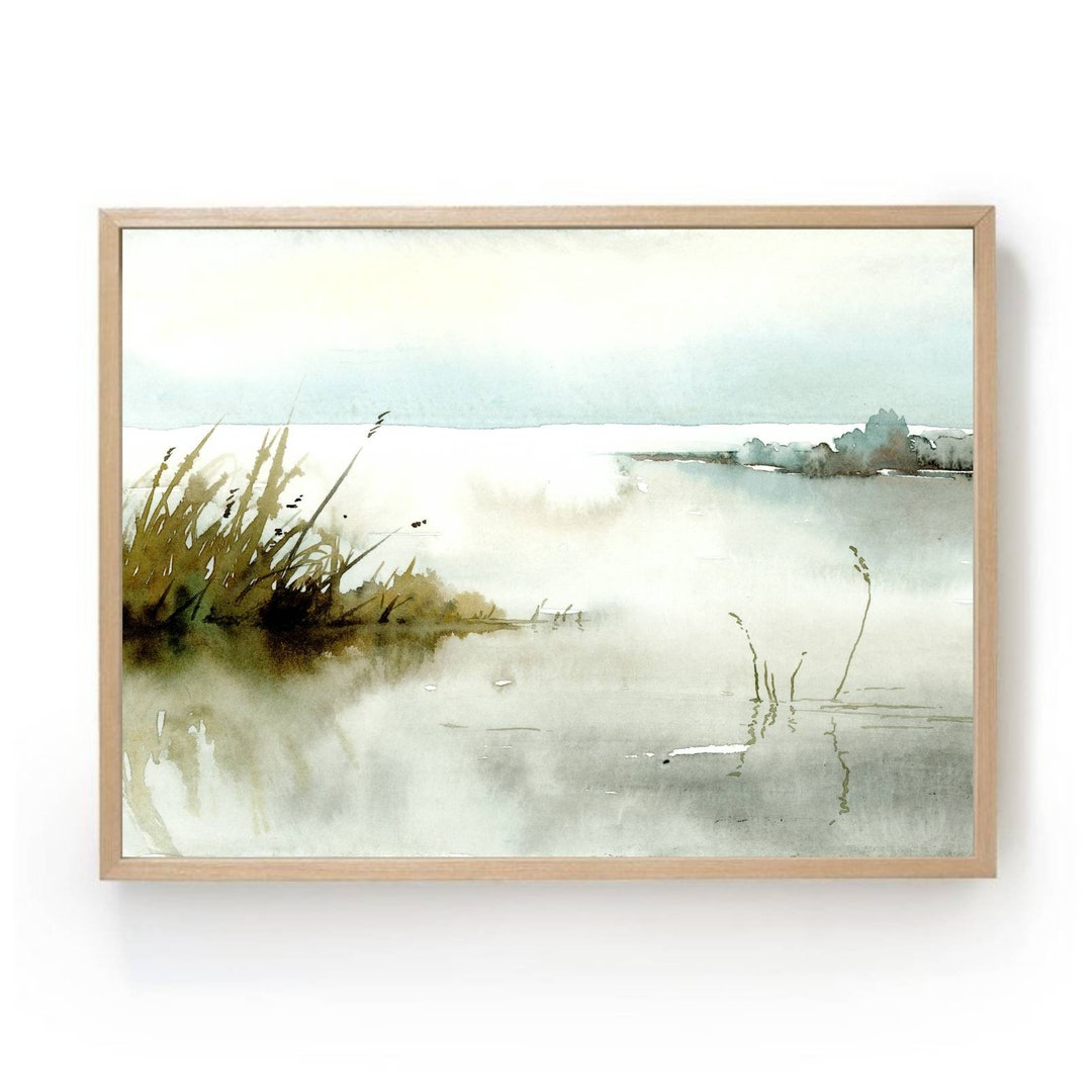 Watercolor Painting Light Blue Landscape Wall Art Sunrise Lake Painting