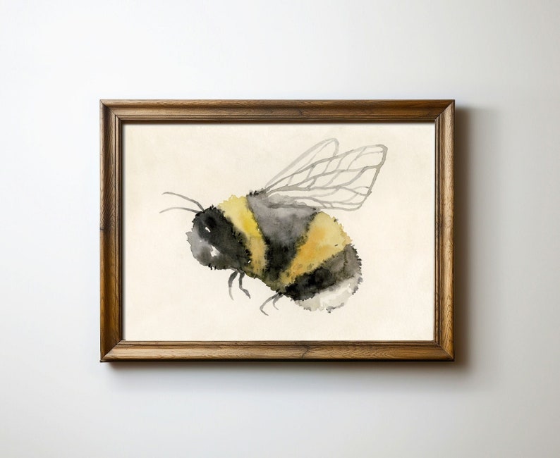 May include: A watercolor painting of a bumblebee with black and yellow stripes and translucent wings. The bee is painted in a realistic style with delicate details.
