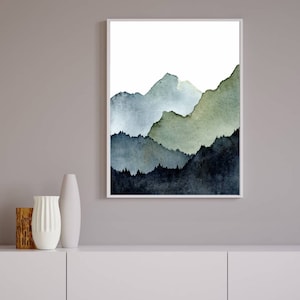 Aquarell Landschaft Berge Malerei abstrakte Kunst Bilder Wohnzimmer vertikal nebeliger Wald Kunstdruck minimalistisch blau grün Poster XXL Bild 4