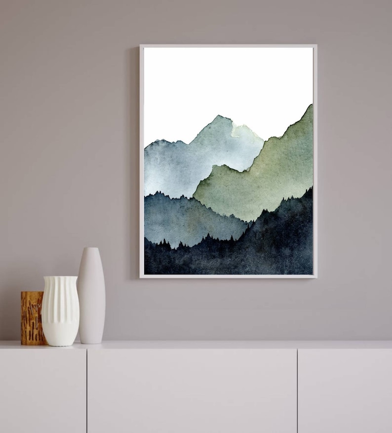 Aquarell Landschaft Berge Malerei abstrakte Kunst Bilder Wohnzimmer vertikal nebeliger Wald Kunstdruck minimalistisch blau grün Poster XXL Bild 4