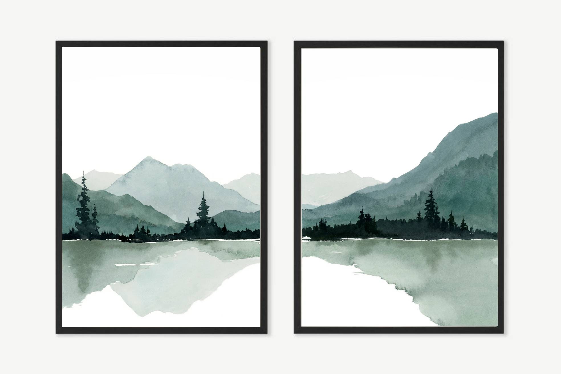 Set of 2 Mountain Lake Watercolor Large Minimalist Art Print - Etsy