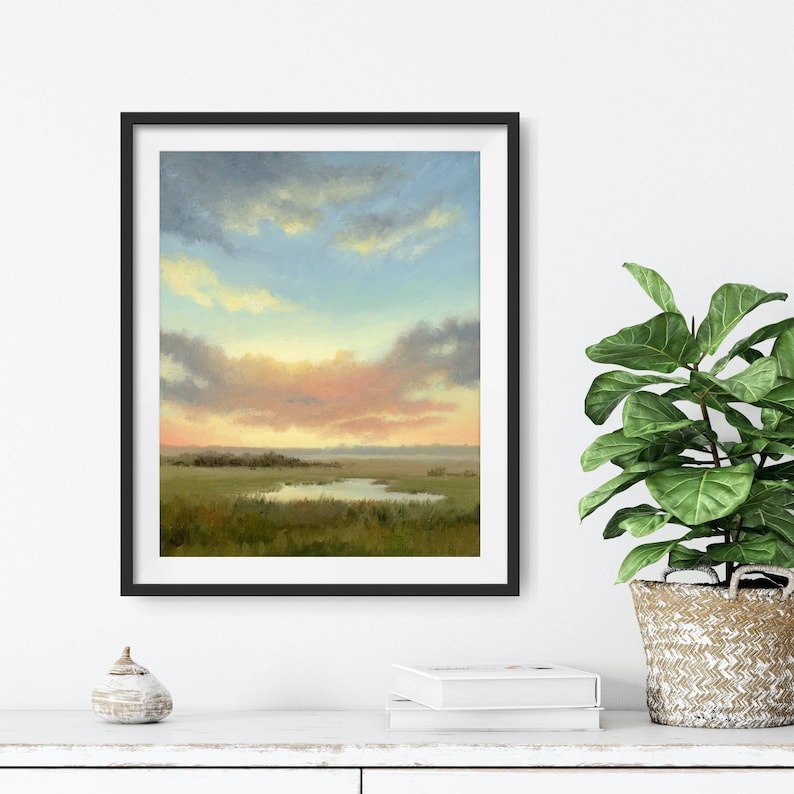 Oil painting sunset fine art print sunset field wall art small landscape cloud painting cloudy sky print countryside landscape image 9