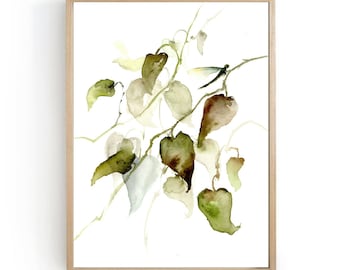 Dragonfly wall decor, watercolor herbs, green leaves print, watercolor art print, dragon fly poster, deep green art print, leaves painting