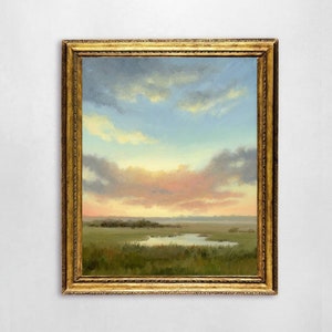 Oil painting sunset fine art print sunset field wall art small landscape cloud painting cloudy sky print countryside landscape image 2