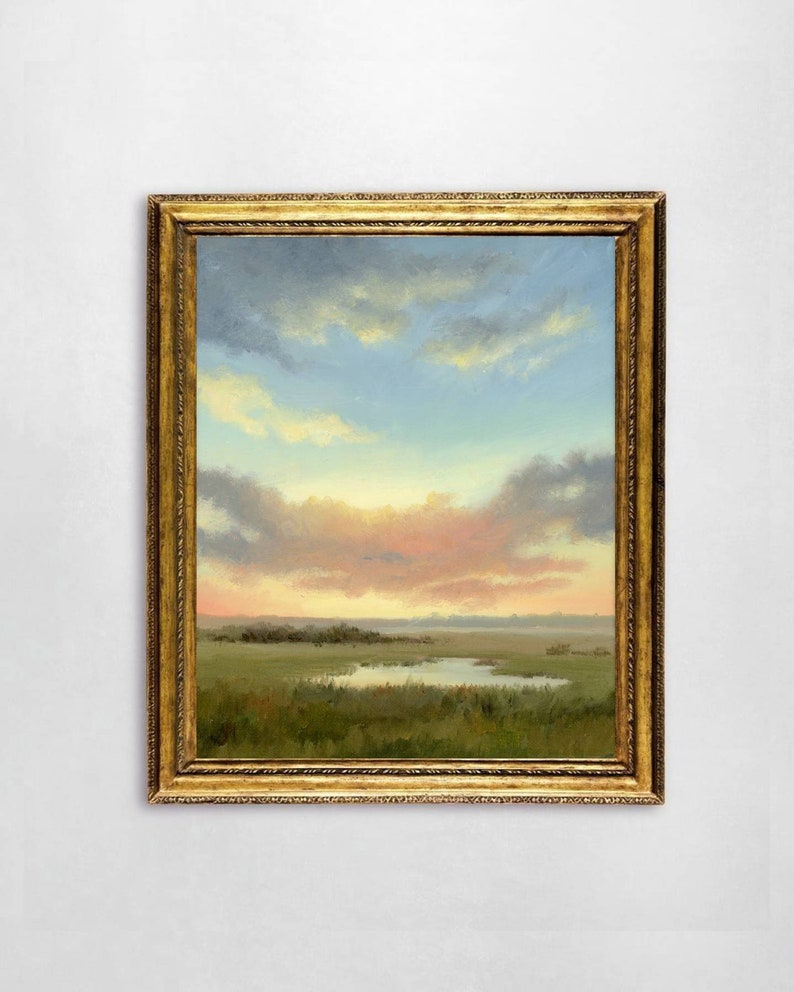 Oil painting sunset fine art print sunset field wall art small landscape cloud painting cloudy sky print countryside landscape image 2