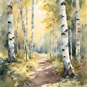 Birken Wald Weg Bilder Wohnzimmer moderne Kunst Landschaft Malerei Aquarellbilder Kunstdruck Poster Landhaus Wanddeko
