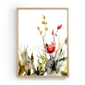 Wildflower print, botanical art print, wildflowers painting, red yellow flowers, wall decor floral, flowers abstract painting, poster image 1