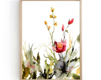 Aquarellbilder Blumen, abstrakte Kunst Druck, Blumen abstrakt, Wanddeko Blumen, wilde Blumen Malerei, Poster Blumen rot gelb, 30x40 Aquarell