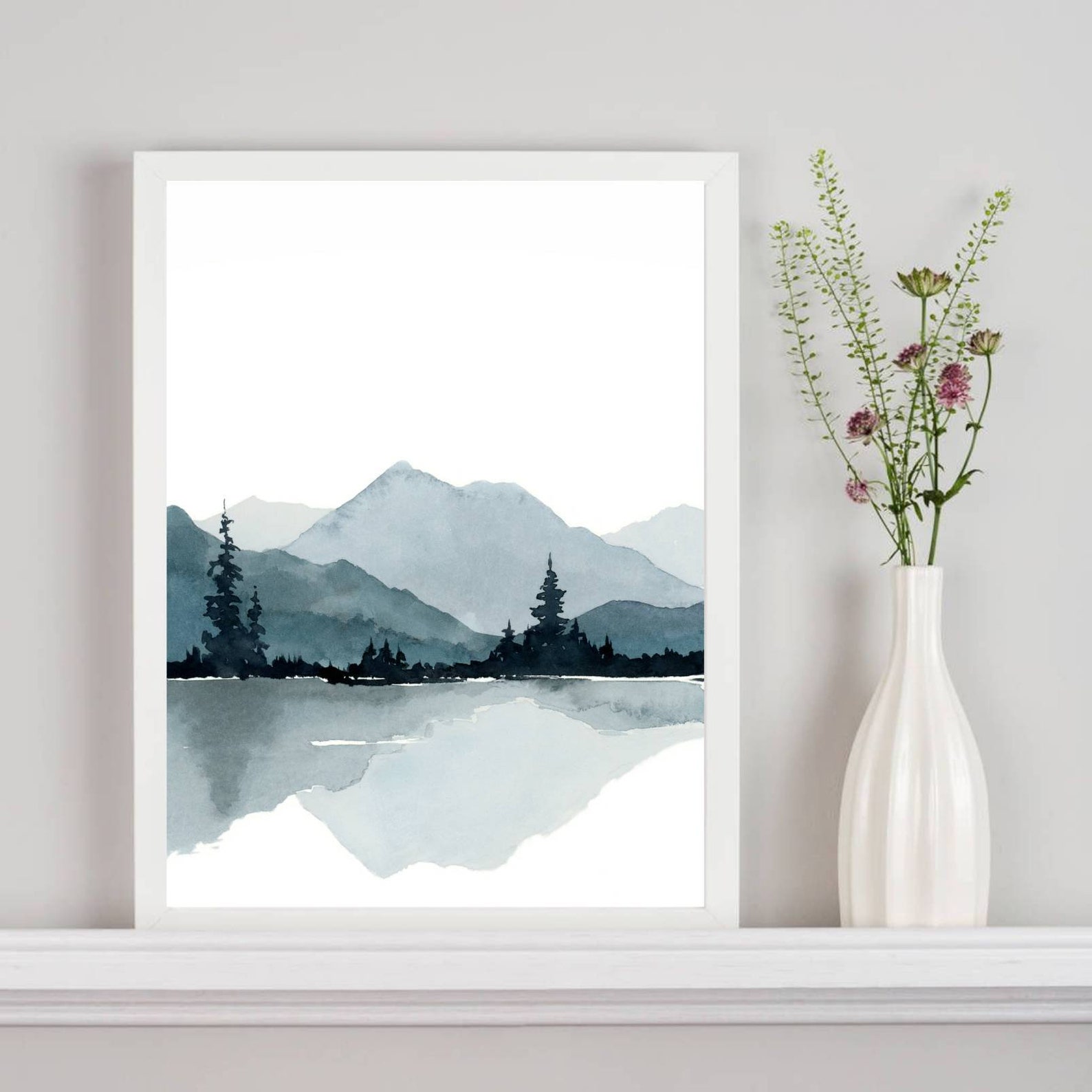 Mountain and Lake Print Pine Tree Wall Art Watercolor Painting Large ...