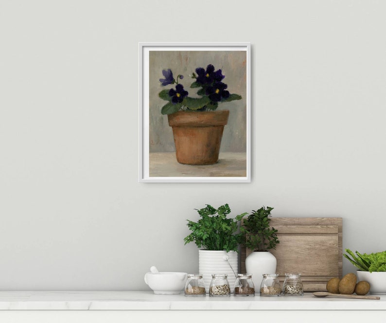 May include: A painting of a potted violet plant with dark purple flowers and green leaves. The plant is in a terracotta pot and is sitting on a table.