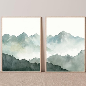 Mountain art print set of 2 watercolor painting large blue green gray wall art minimalist landscape teal forest misty mountain wall decor