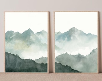 Mountain art print set of 2 watercolor painting large blue green gray wall art minimalist landscape teal forest misty mountain wall decor