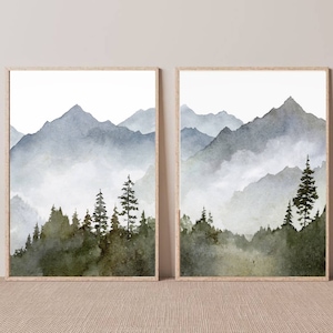 Wald und Berge Bilder set von 2 Aquarell Landshaft Bilder Wohnzimmer Poster XXL blau beige Wandkunst Waldlandschaft Kunst Berge im Nebel