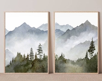 Pine tree wall art mountain forest art prints set of 2 panoramic landscape mountain valley art watercolor painting foggy mountain art print